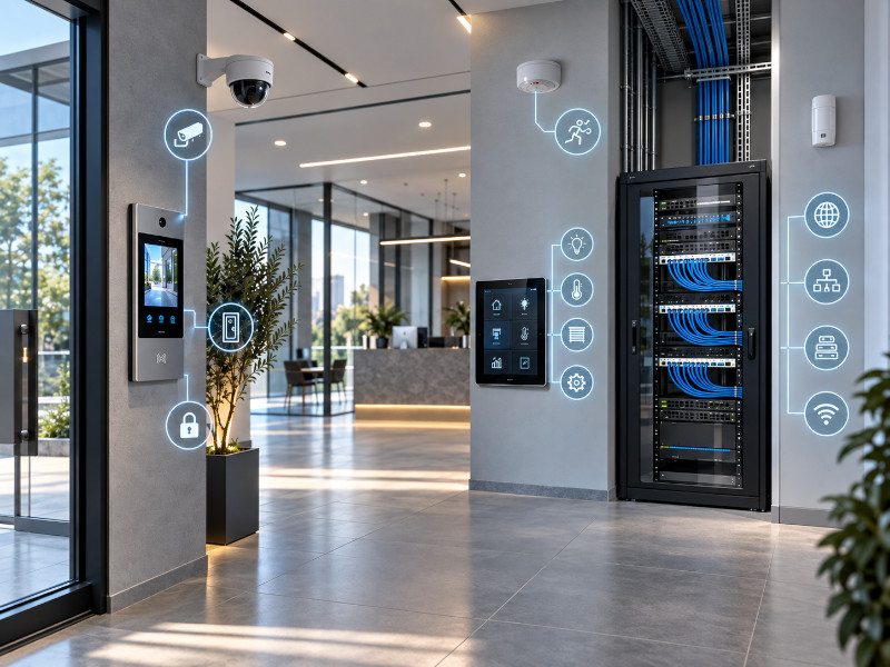 Ambiente aziendale moderno con videocitofono, telecamera di sicurezza, sensori, pannello di controllo domotico e armadio rack con cablaggio strutturato per reti dati e sistemi integrati.